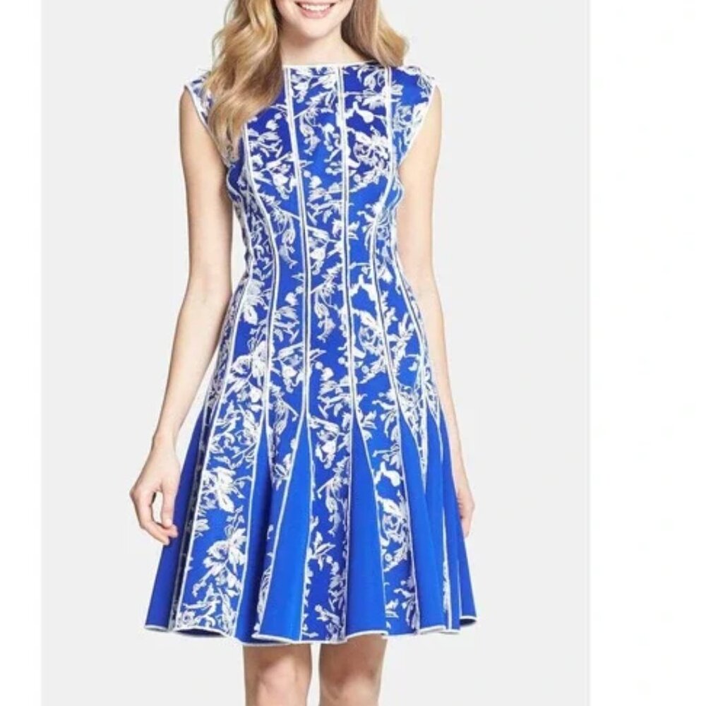 Tadashi Shoji Blue/White‎ Embroidered Neoprene Cocktail Fit & Flare Dress